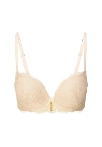 Blonde bh i nude farve med en dyp udskæring, justerbare stropper og en dekorativ frontlukning med gulddetaljer.