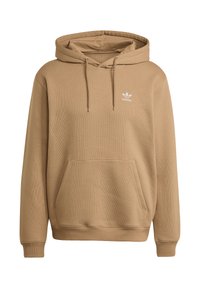 Bruine geribbelde hoodie met een voorzak, verstelbare capuchon met koord en een wit Adidas-logo op de borst. Zachte textuur en een ontspannen pasvorm.