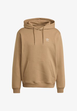 Felpa con cappuccio marrone a coste, con tasca frontale, cappuccio con coulisse regolabile e logo Adidas bianco sul petto. Texture morbida e vestibilità rilassata.