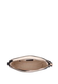 Borsa a pochette nera in pelle con finitura liscia, zip dorata e interno beige; presenta un singolo scomparto e un'etichetta del marchio.