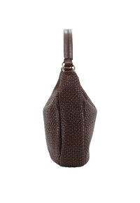 Dark brown woven leather handbag shown from the side with a short, smooth leather handle attached by gold rings.