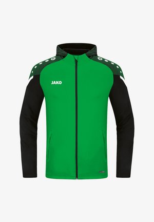 Grüne und schwarze Jacke mit Reißverschluss, ausgestattet mit einem gemusterten Schulterdesign und Logo auf der Vorderseite. Enthält seitliche Taschen.