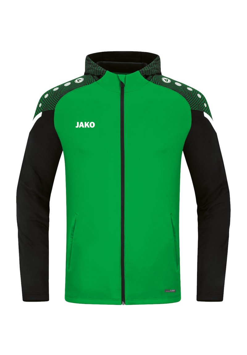 Groene en zwarte jas met ritssluiting, voorzien van een patroon op de schouders en een logo op de voorkant. Inclusief zijzakken.