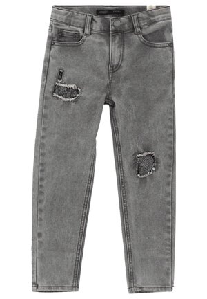 Graue Jeans mit geradem Bein und gemusterten Stoffflicken am linken Oberschenkel und am rechten Knie, Fünf-Taschen-Design und Knopfverschluss.