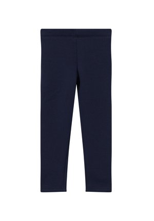 Marineblaue Leggings aus dehnbarem, glattem Stoff. Sie verfügen über ein körperbetontes Design, einen elastischen Bund und keine Muster oder Verzierungen.