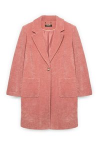 Rosa strukturiertes Blazerjacke mit Reverskragen, einem einzelnen Knopfverschluss und zwei Fronttaschen. Taillierte Passform mit glatter Innenauskleidung.