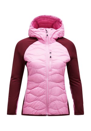 Padded jacket with a hood, featuring a quilted pink front and maroon sleeves. Durable fabric with zipper closure and side pockets.