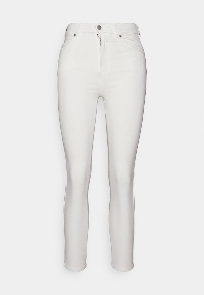 Skinny white jeans featuring a high waist, zipper and button closure, and five-pocket design with a smooth, stretchy denim texture.