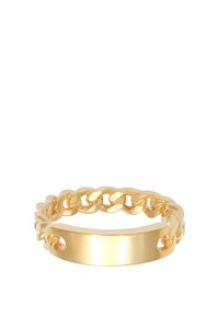 Bague en or avec un bandeau plat et un design en maillons de chaîne sur la moitié supérieure, texture lisse, finition brillante et épaisseur substantielle.