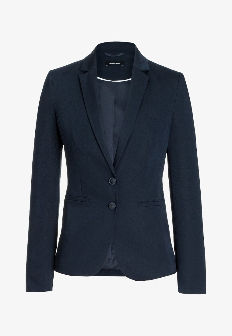 Blazer femme cintré bleu marine foncé avec revers crantés, deux boutons devant et poches fendues des deux côtés.