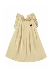 Blassgelbes Kleid mit Puffärmeln, plissiertem Design und einem kleinen schwarzen Herzakzent am Saum. Weicher Stoff mit glatter Textur.