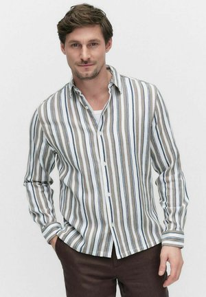Gestreepte lange mouwen shirt in het wit, blauw en bruin. Heeft een button-down kraag, lichtgewicht stof en een relaxte pasvorm.