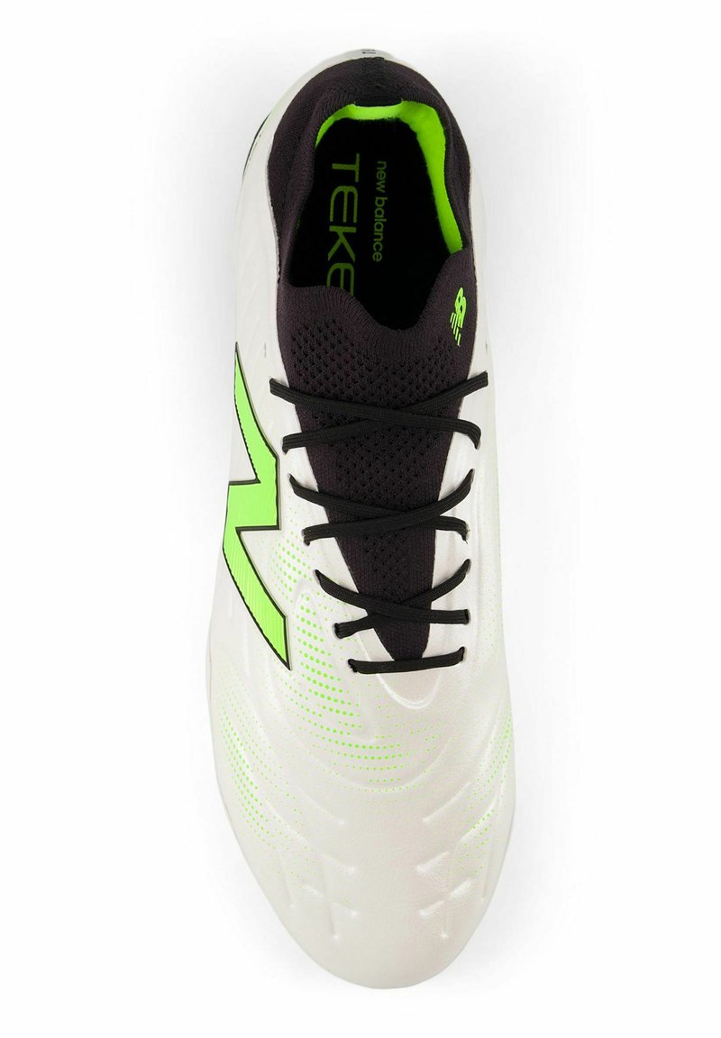 White athletic shoe with black and neon green accents, featuring a mesh upper, round toe, and lace-up design; smooth texture with patterned details.