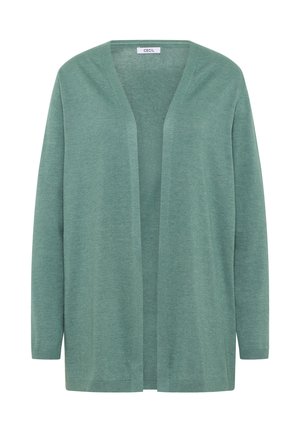 Cardigan en tricot léger vert pâle à manches longues et décolleté en V, avec une étiquette "CECIL" à l'intérieur du col.