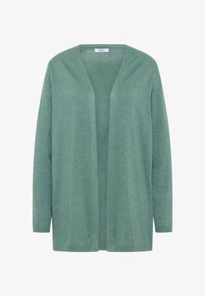 Open-front, langmouw, lichtgroene gebreide cardigan met een V-hals en een "CECIL" label aan de binnenkant van de kraag.