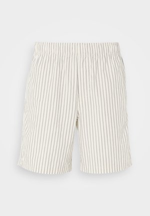 Szorty w paski wykonane z lekkiego, oddychającego materiału. Kolor to lekko kremowy z cienkimi, pionowymi szarymi paskami. Elastyczny pas.