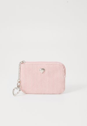 Pink corduroy wallet with vertical ribbed texture, silver heart accent, and zipper, featuring a chain with a heart-shaped clip.