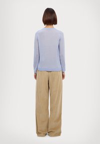 Pull en tricot bleu clair à manches longues, décolleté rond et ourlet côtelé, associé à un pantalon en velours côtelé beige ample.