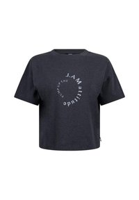 Donkergrijze t-shirt met korte mouwen en een ontspannen pasvorm, met een ronde witte tekstafbeelding waarop staat "J.A.M attitude pump up the."