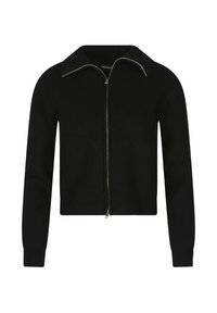 Felpa nera cropped con zip, realizzata in tessuto a costine, dotata di colletto e maniche lunghe. Il dettaglio della zip argentata completa il design.