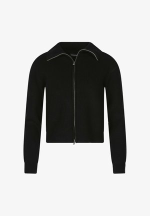 Pull noir court zippé en tissu côtelé, avec un col et des manches longues. Détail de zip argenté complétant le design.