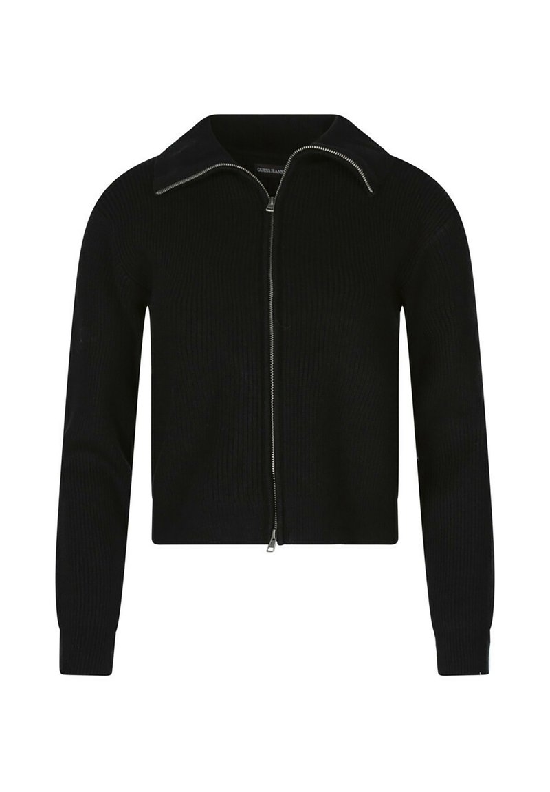 Felpa nera cropped con zip, realizzata in tessuto a costine, dotata di colletto e maniche lunghe. Il dettaglio della zip argentata completa il design.