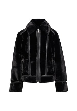 Black faux fur jacket with a zip front, flat collar, leather accents, and two side pockets. Features a textured, plush surface and structured fit.