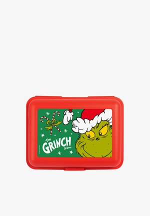 Lunchbox di plastica rossa con un cartone animato del Grinch con un cappello di Babbo Natale su uno sfondo verde, con bastoncini di zucchero e fiocchi di neve.