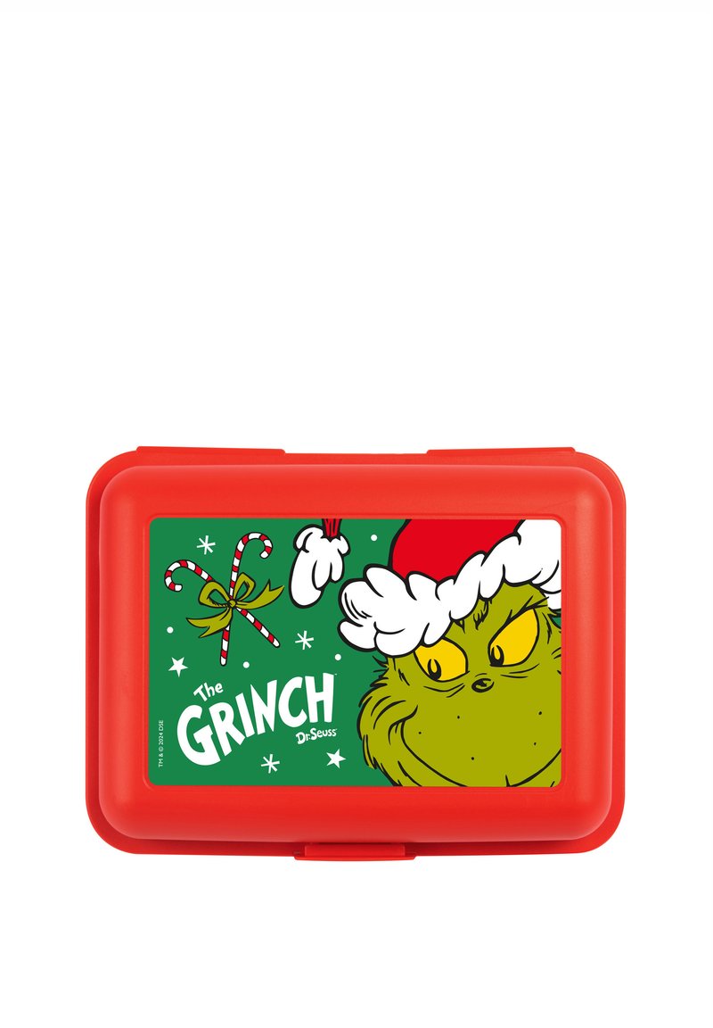 Red plastic lunchbox featuring a cartoon of the Grinch in a Santa hat on a green background, with candy canes and snowflakes.