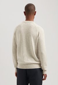 Beige gebreide trui met een ronde hals, geribbelde manchetten en onderrand. Zachte textuur, raglanmouwen, lichtgewicht ontwerp en minimaal patroon.