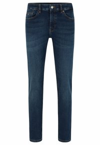 Jeans ajustados de hombre en azul oscuro con cierre frontal de botón y cremallera, y costuras visibles en los bolsillos y las costuras.