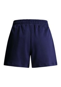 Námořnicky modré sportovní šortky s elastickým pasem, vyrobené z měkké, hladké látky, s jednoduchým designem a bez viditelných ozdob.