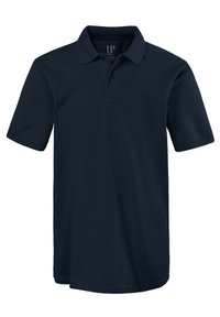 Polo bleu marine en tissu respirant, avec un col classique, une patte de boutonnage à trois boutons et des manches courtes, offrant une texture lisse.