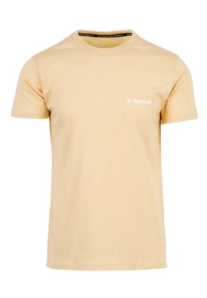 Kurzarm-T-Shirt aus leichtem gelbem Baumwollstoff. Rundhalsausschnitt mit schwarzem Etikettendetail. Mit weißem Logo auf der linken Brustseite.