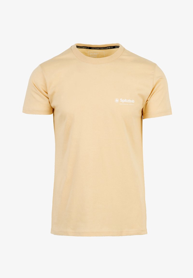 Korte mouwen T-shirt van lichtgele katoen. Ronde halslijn met zwarte labeldetail. Voorzien van wit logo op de linker borst.