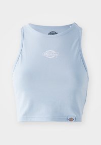 Light blue cotton crop top with a crew neckline, featuring a white printed logo on the chest and a small logo tag at the hem.