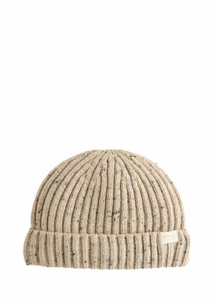 Beige gestrickte Mütze mit gerippter Textur und dezenten mehrfarbigen Flecken. Mit umgeschlagenem Bund und einem kleinen Stoffetikett.