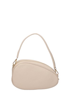 Sac en cuir beige à bandoulière, de forme incurvée, avec fermeture éclair et une sangle fine unique. Éléments de quincaillerie en ton doré.