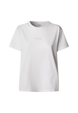 Fehér pamut póló kör alakú nyakkivágással és rövid ujjakkal. Az elülső részen a "PEPE JEANS" felirat finom, tónusos dizájnban látható.