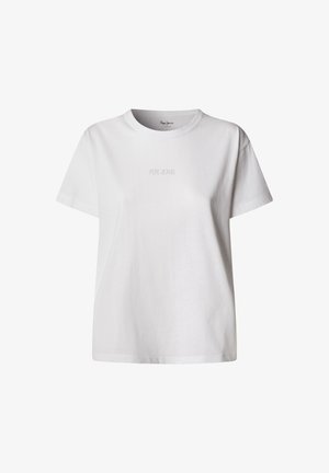 Fehér pamut póló kör alakú nyakkivágással és rövid ujjakkal. Az elülső részen a "PEPE JEANS" felirat finom, tónusos dizájnban látható.