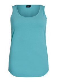 Aqua sinine tank top, mis on valmistatud pehmest puuvillast, omab sügavat kaelust, ilma varrukateta disaini ning kumerat serva, et tagada mugav istuvus.