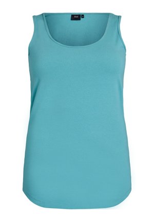 Top in cotone azzurro acqua, realizzato in morbido cotone, presenta un collo a barca, design senza maniche e un orlo arrotondato per un fit rilassato.