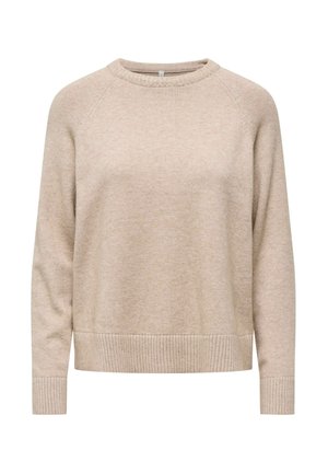 Pull beige en maille à manches longues avec col rond et poignets et ourlet côtelés, présenté sur fond blanc.