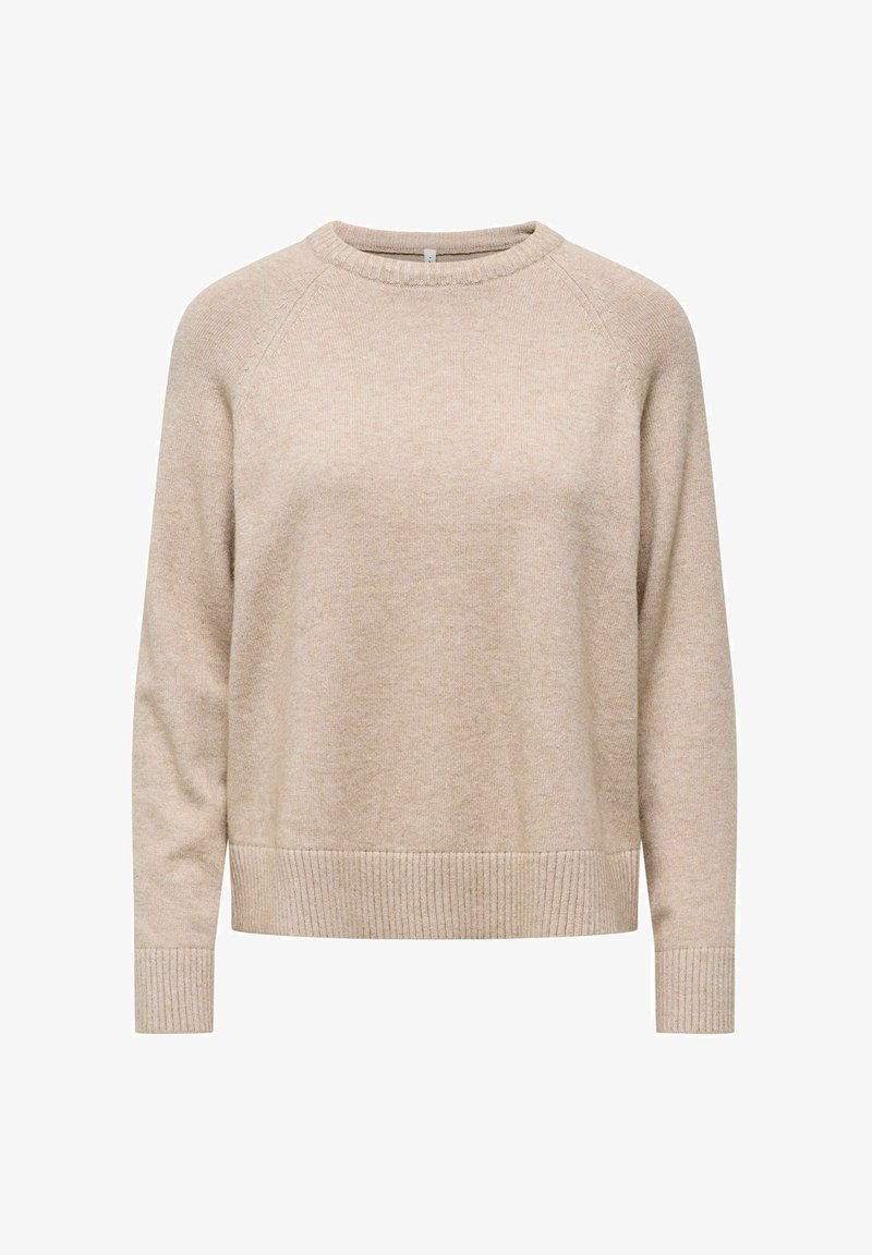 Pull beige en maille à manches longues avec col rond et poignets et ourlet côtelés, présenté sur fond blanc.