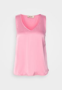 Sleeveless pink satin blouse with V-neck and slightly rounded hem, labeled "Mos Mosh" on a white background.