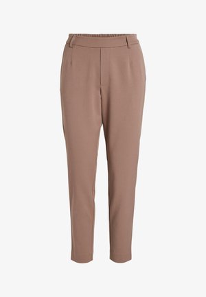 Pantaloni marroni su misura con una superficie liscia, dotati di una vasta vita elastica e due tasche frontali. Design con gamba affusolata.