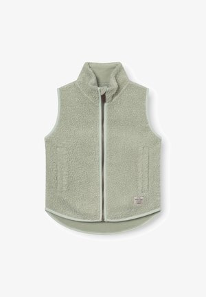 Lichtgroen fleecevest met hoge kraag, ritssluiting aan de voorkant, twee zijzakken en een klein stoffen label vlakbij de onderste zoom.