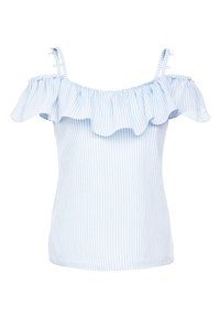 Lichtblauw gestreepte off-shoulder top met een gerimpelde halslijn, verstelbare schouderbanden en een aansluitend lichaam. Gemaakt van katoen met een gestructureerde afwerking.