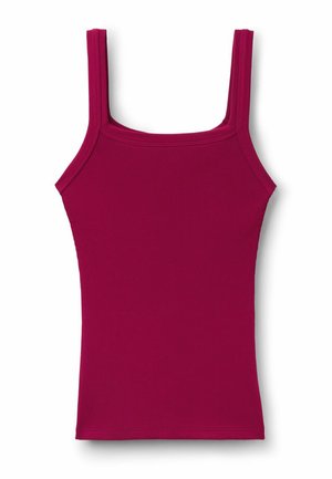 Camiseta sin mangas de canalé en magenta intenso con escote cuadrado y tirantes anchos, colocada plana sobre un fondo blanco.