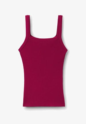 Camiseta sin mangas de canalé en magenta intenso con escote cuadrado y tirantes anchos, colocada plana sobre un fondo blanco.